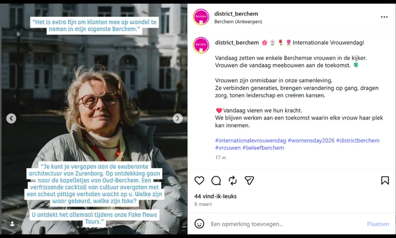 Instagrambericht van District Berchem waarin Marie-Hélène en haar Fake News Tours in de kijker staan